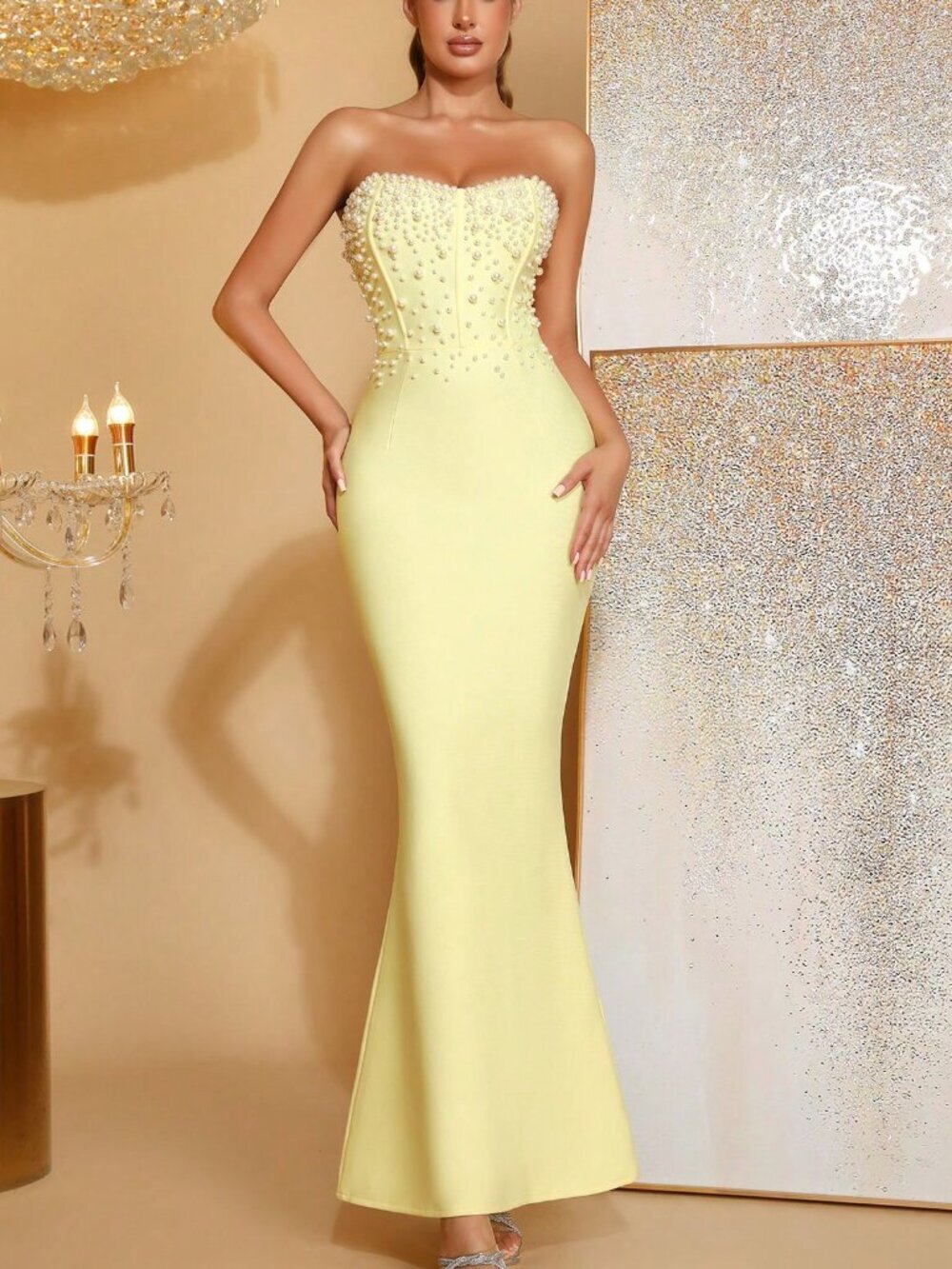 Yellow Elegant Women's Sexy Strapless Pearl Beaded Decor bodycon dress Gown